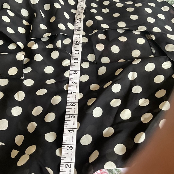 Taurus 11 Front Tie Dressy Blouse Black White Polka Dots Shoulder Pads Sheer - Picture 3 of 3